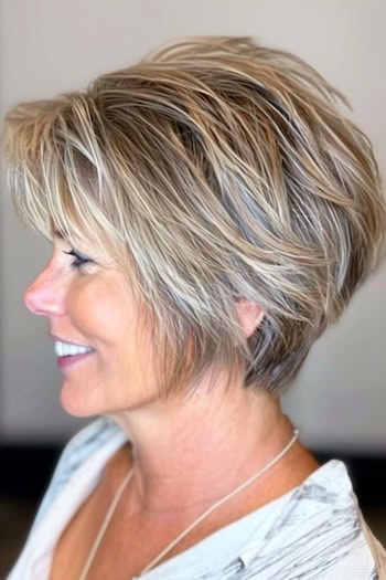 Textured Highlighted Pixie Bob Haircut on a smiling woman with frosted brown hair, side view.