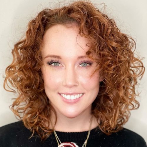 Thin Curly Caramel Lob for Green Eyes