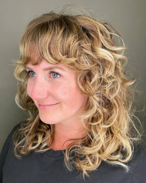 Toasted Blonde Curly Shag with Bangs