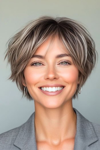 Tousled Layered Pixie with Textured Bangs Haircut on a smiling woman with mushroom blonde brown hair.