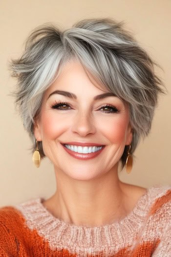 Tousled Pixie with Side-Swept Bangs Haircut on a smiling woman with a salt and pepper hair color.