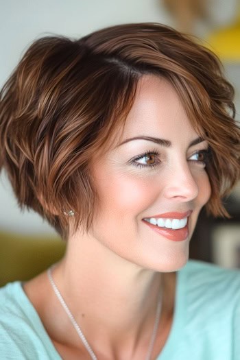 Tousled Wavy Pixie Bob Haircut on a smiling woman with brown hair, side view.