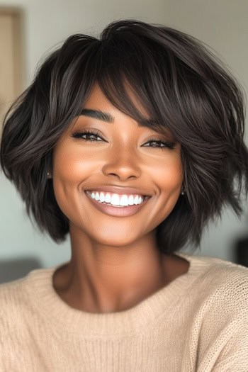 Voluminous Layered Bob with Bangs Haircut on a smiling black woman with dark brown hair.