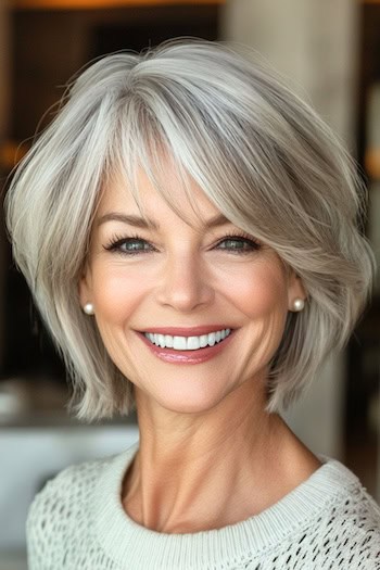 Voluminous Layered Bob with Side-Swept Bangs Haircut on a smiling woman with gray hair.