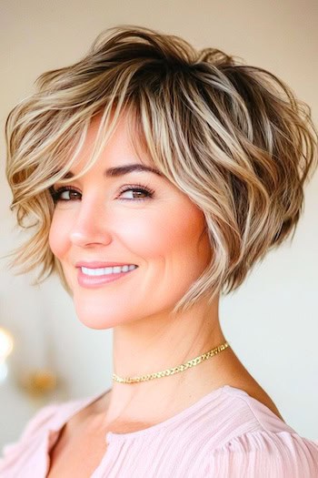 Wavy Pixie Bob Haircut on a smiling woman with blonde hair and dark roots, side view.