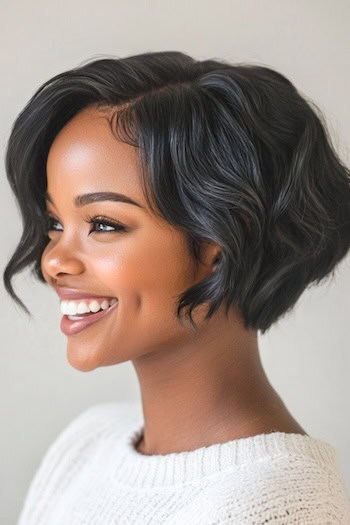 Wavy Textured Pixie Bob Haircut on a smiling young black woman with brown-black hair, side view.