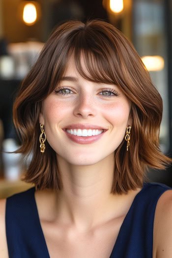 Wispy Layered Bob with Bangs Haircut on a smiling woman with brown hair.