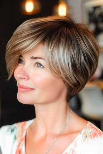 Wispy Tousled Pixie Bob Haircut on a smiling woman with brown hair and blonde highlights, side view.