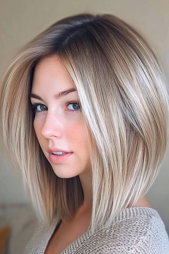 Angled Long Bob Hairstyle on a young woman with bronde hair, side view.