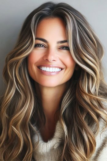 Ash Brown with Light Balayage on Dark Brown Base Hairstyle on a smiling woman with long brown hair.