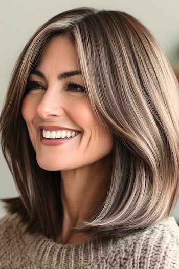 Ashy Mocha Brown Lob Hairstyle on a smiling woman with brown hair, side view.