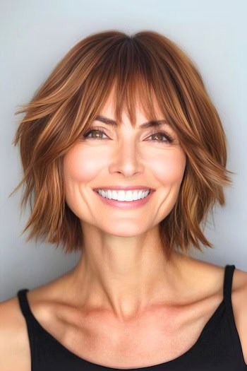 Blunt Layered Bob with Bangs Hairstyle on a smiling woman with golden brown hair.