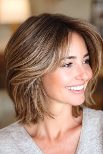 Bob with Feathered Layers Hairstyle on a smiling woman with brown hair, side view.