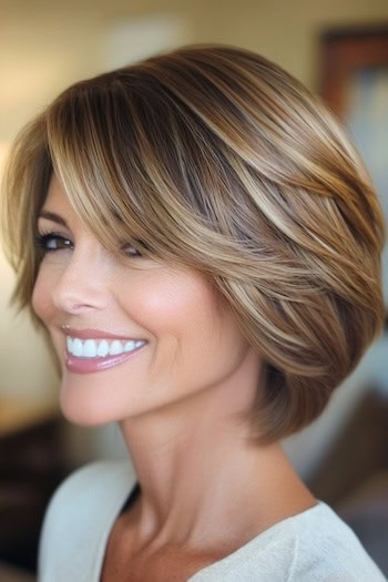 Bob with Soft Feathered Layers Hairstyle on a smiling woman with highlighted brown hair.