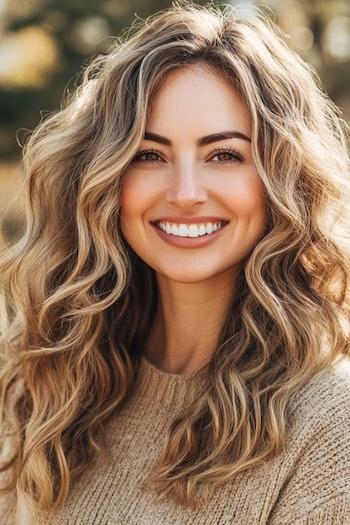 Bronde Curls Hairstyle on a smiling woman with brown and blonde hair color.