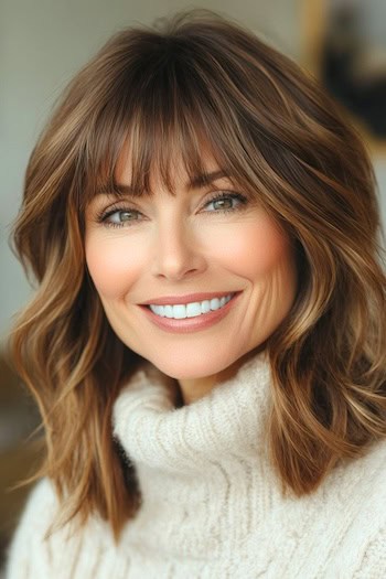 Chestnut Brown Highlighted Waves with Bangs Hairstyle on a smiling woman with brown hair and bangs.