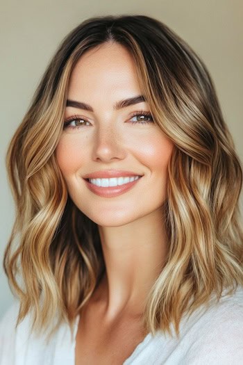 Chestnut Brown Waves with Blonde Highlights Hairstyle on a smiling woman with shoulder-length highlighted brown hair.