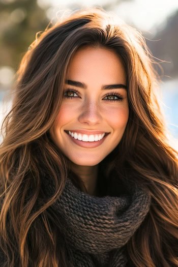 Chestnut Brown Waves with Golden Highlights Hairstyle on a smiling woman with brown hair in the winter outdoors.