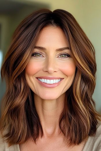 Chocolate Brown Long Bob with Golden Highlights Hairstyle on a smiling woman with shoulder-length brown hair.