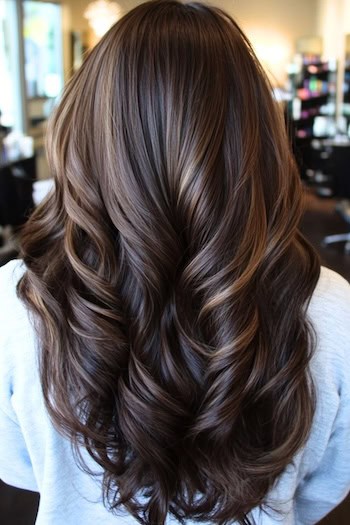 Chocolate Brown Waves Hairstyle on a woman with brown hair and subtle highlights, from back in salon.