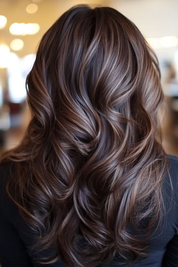 Chocolate Brown Waves with Brown Highlights Hairstyle on a woman with long brown hair, in hair salon, from back.