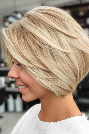 Choppy Feathered Blonde Bob Hairstyle on a smiling young woman with light blonde hair, side view, in salon.