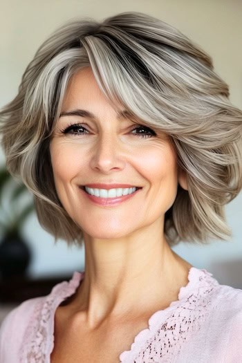 Choppy Frosted Feathered Bob Hairstyle on a smiling woman with frosted blonde brown hair.