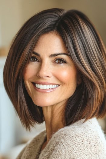 Coffee Brown Lob Hairstyle on a smiling woman with brown hair.