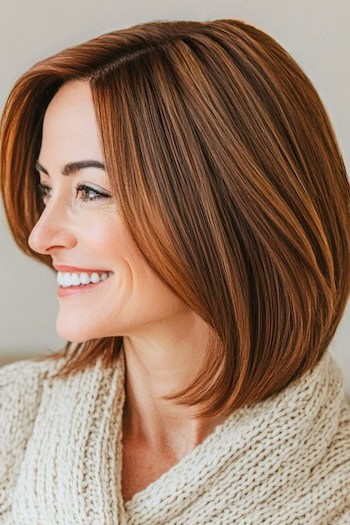 Copper Brown Long Bob Hairstyle on a smiling woman with copper brown hair, side view.