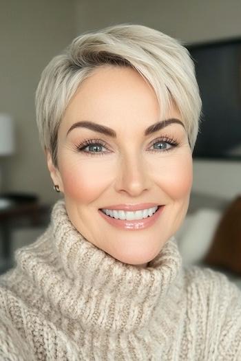 Creamy Ash Blonde Side-Swept Pixie Hairstyle on a smiling woman with short blonde hair.