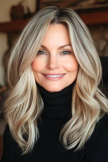 Creamy Beige Blonde With Ashy Undertone Layers Hairstyle on a smiling woman with blonde hair.