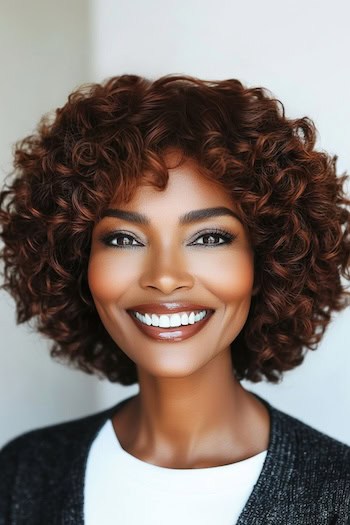 Curly Espresso Layered Bob with Copper Highlights Hairstyle on a smiling woman with curly brown hair.