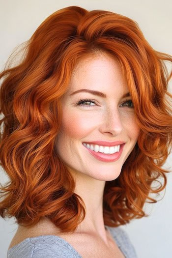 Curly Long Bob Hairstyle on a smiling woman with copper red hair.