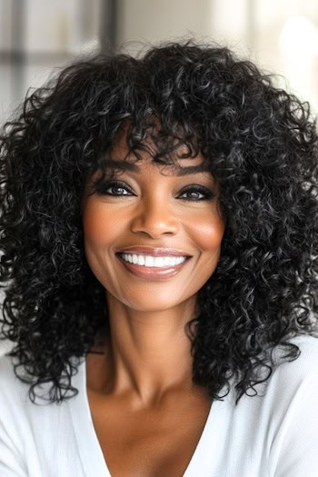 Curly Long Layered Bob with Bangs Hairstyle on a smiling black woman with black hair.