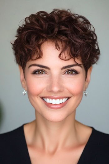 Curly Pixie Haircut on a smiling woman with short brown hair.