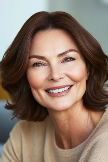 Dark Chestnut Brown Layered Bob Hairstyle on a smiling woman with medium-length brown hair.