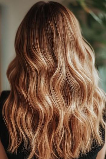 Dark Honey Blonde Waves with Beachy Texture Hairstyle on woman with long wavy medium blonde hair, from back.