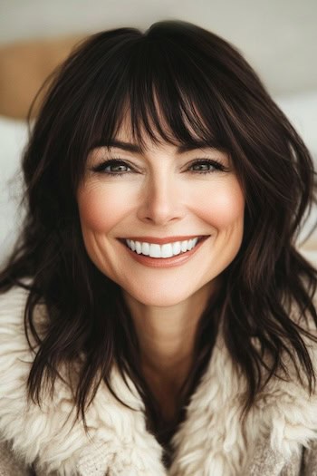 Deep Chocolate Brown Shaggy Layers with Bangs Hairstyle on a smiling woman with dark brown hair.