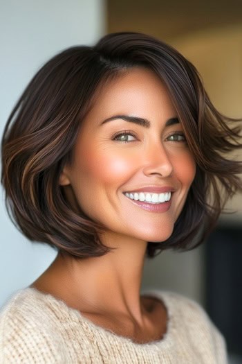 Espresso Brown Side-Swept Bob with Subtle Highlights Hairstyle on a smiling woman with brown hair.