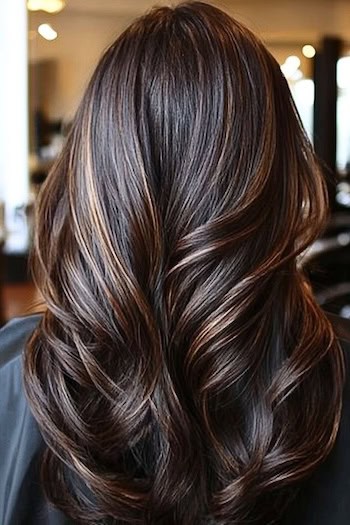 Espresso Brown Waves with Golden Highlights Hairstyle on a woman with long wavy brown hair, from back in hair salon.