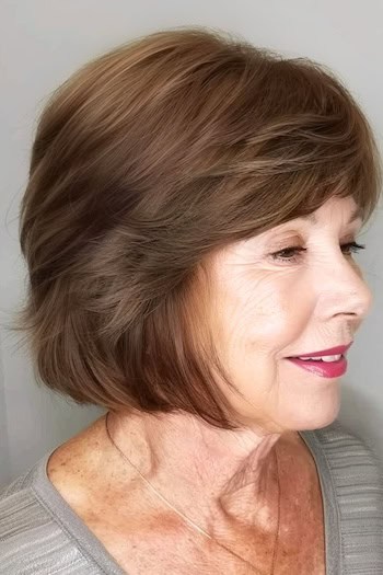 Face-Framing Feathered Bob Hairstyle on a smiling older woman with wispy brown hair, side view.