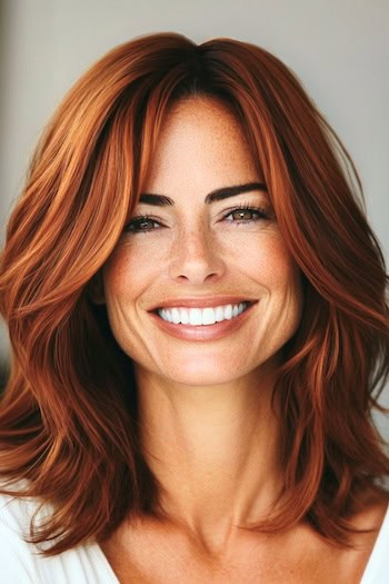 Face Framing Long Bob Hairstyle on a smiling woman with deep copper red hair.