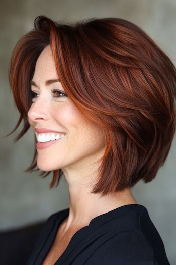 Feathered Auburn Bob Hairstyle on a smiling woman with feathered auburn brown hair, side view.