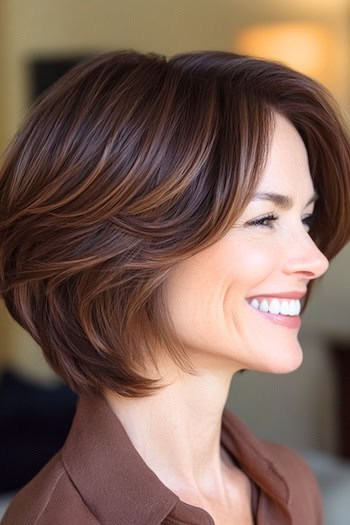 Feathered Bob with Swooping Layers Hairstyle on a smiling woman with brown hair, side view.