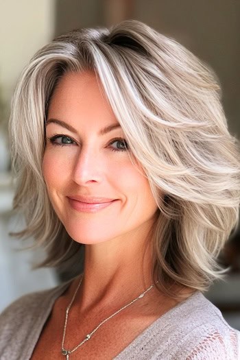 Feathered Layered Long Bob Hairstyle on a smiling woman with wispy blonde hair.