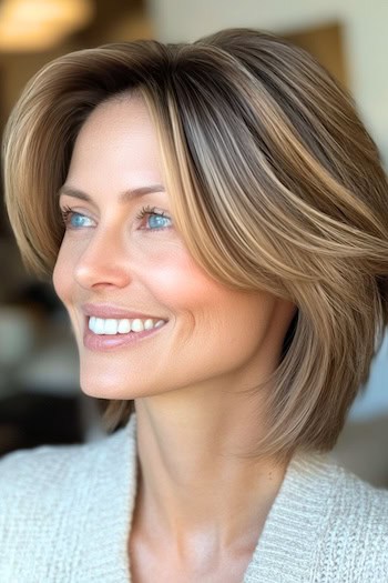 Feathered Lob with Long Side Bangs Hairstyle on a smiling woman with highlighted brown hair, side view.