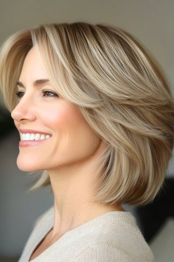 Feathered Long Bob Hairstyle on a smiling woman with blondish-brown hair, side view.