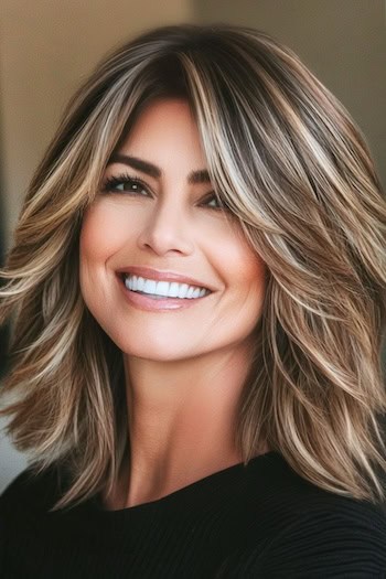 Feathered Long Bob with Highlights for Thick Hair Hairstyle on a smiling woman with thick, layered, highlighted brown hair.