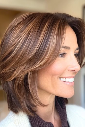 Feathered Long Brunette Bob with Highlights Hairstyle on a smiling woman with brown hair and blonde highlights, side view.