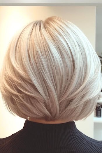 Feathered Silver Bob Hairstyle on a woman with straight silver gray hair, from back.